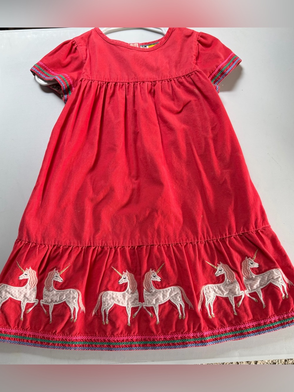 Mini Boden Unicorn Appliqué Tiered Corduroy Dress